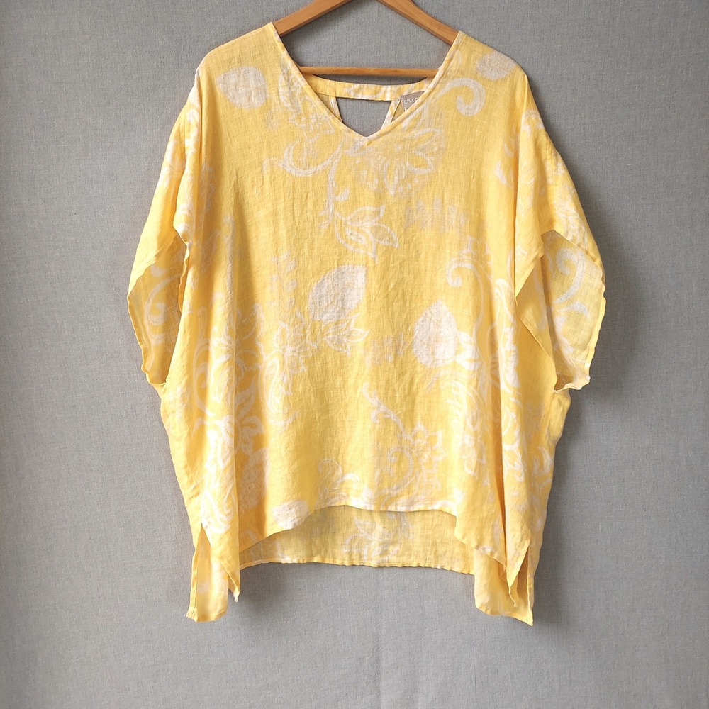Chicos Linen Lagenlook Yellow White Boxy Floral Tunic Top L/XL Beach Boho